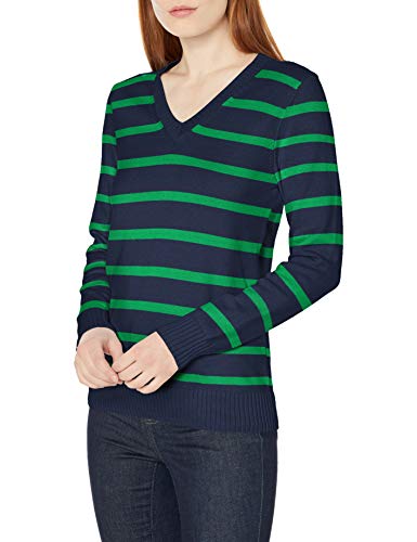 Amazon Essentials Women's 100% Cotton Long-Sleeve V-Neck Sweater, Navy/Green Stripe, Medium