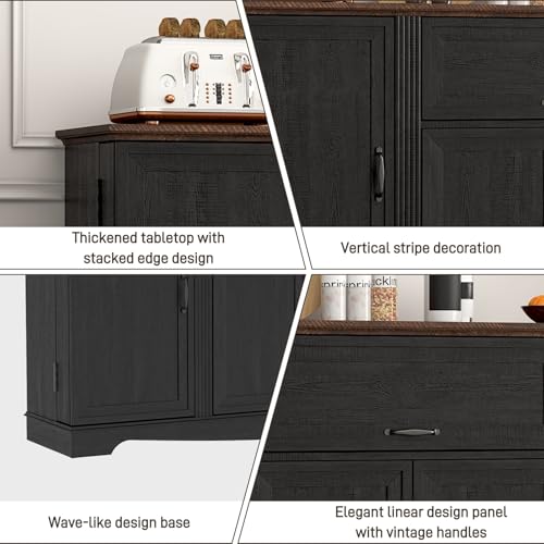 65\" Sideboard Buffet Cabinet with Storage, Farmhouse Kitchen Pantries Sideboard Cabinets with Drawer, Wood Coffee Bar Cabinet with Adjustable Shelves, Storage Cabinets for Kitchen, Black - Thumbnail 6