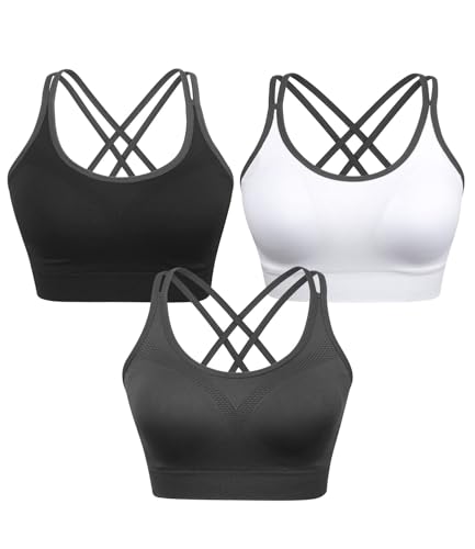 VEQKING Strappy Womens Sports Bras Cross Back for Running Removable Padded Workout Yoga Bras Pack Gifts