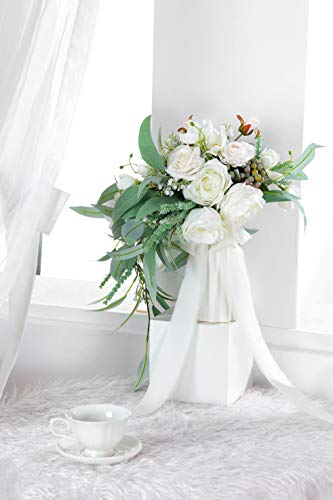 Bencentre 12" White & Greenery Wedding Bouquet Fabric Austin Rose Mix Artificial Flowers, Ivory Bridal Bouquet For Wedding Ceremony Anniversary, Bridal Shower, Party And French Rustic Vintage Wedding #TOP5