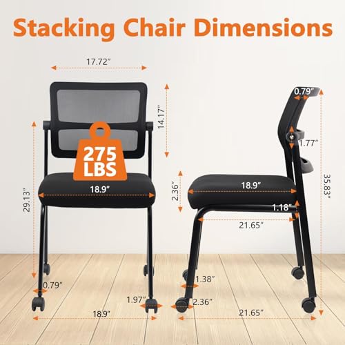 Image of CLATINA Stacking Armless Office Chair with Wheels, Stackable Mesh Guest Reception Desk Chairs with Adjustable Backrest for Waiting Room Conference Lobby Side School, Black, 12 Pack