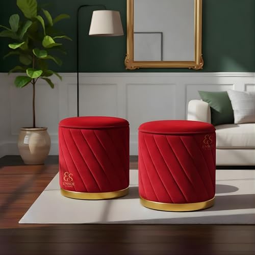 Image of Premium Velvet Ottoman Stool | Modern Round Pouffe with Gold Base | Multipurpose Seating | Living Room & Bedroom Decor (Red Set of 2)