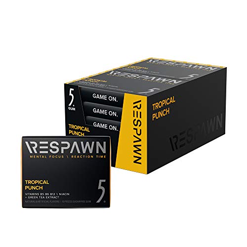 RESPAWN by 5 Sugar Free Focus Chewing Gum Sticks 10 Pack For Gamers. By Gamers, Tropical Punch, 15 Count