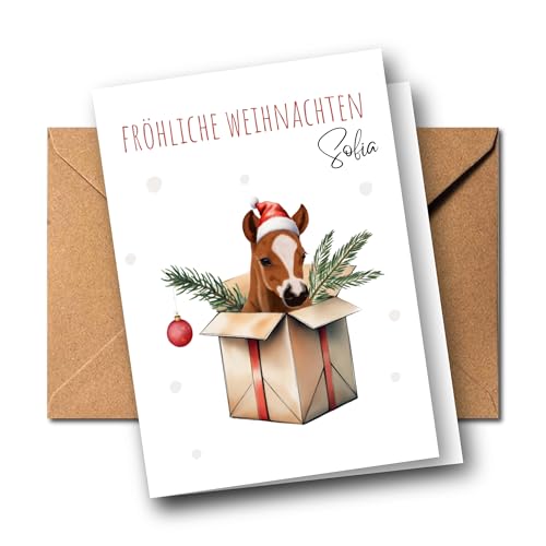 Personalisierte Weihnachtskarte mit Name – Tier im Geschenk – süße Klappkarte mit Umschlag für Geldgeschenk – – Weihnachtsgruß für Kinder & Erwachsene | DIN A6 Faltkarte (Pferd)