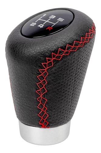 +PWR Car Parts Pomo de Cambio de Marchas Universal Modelo OEM Sport Corto Simil Piel Microperforada Negra con Costura Roja. Gatillo de 27 mm. Con Esquemas de Cambio de Marcha Intercambiables.