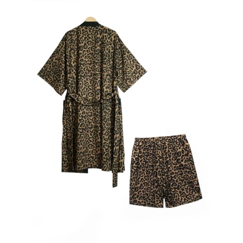 HZCX FASHION Mens Lightweight 2 Piece Kimono Robe With Shorts Leopard Swim Bathing Suit Cover Up Long Cardigan Summer Outfits3