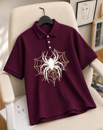 Image of AUSK Men's Spider Graphic Printed Polo T-Shirt | Cotton Blend Textured Half Sleeve Regular Fit Polo Neck Casual Wear Tshirt for Men