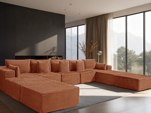 Image of 168 inch Cloud Sectional Couch, Comfort U Shaped Sofa for Living Room, Extra Deep Seats No Assembly, Minimalist Modular Couch, Corduroy (Deep Orange, 9 Seats,U-Shape B)