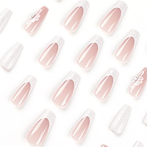 Votacos French Tip Press On Nails Long Coffin Fake Nails Nude False Nails With Bling Flower Design Glossy Stick On Nails For Women 553 #TOP1