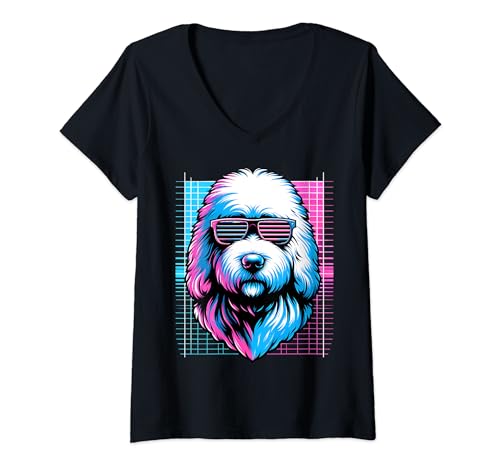 Mujer OES Vintage Vaporwave Old English Sheepdog Lover para hombre y mujer Camiseta Cuello V