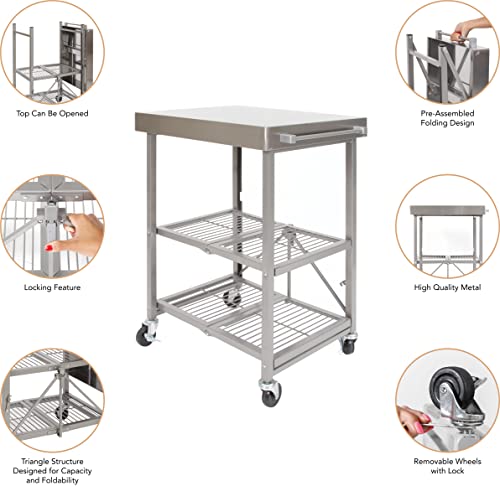 Origami Stainless Steel Cart On Wheels, 3-Tier Foldable Rolling Cart Made Of Commercial-Grade Metal - Stainless Steel Design For Chefs Outdoor Food Prep Folding Kitchen Cart #TOP3