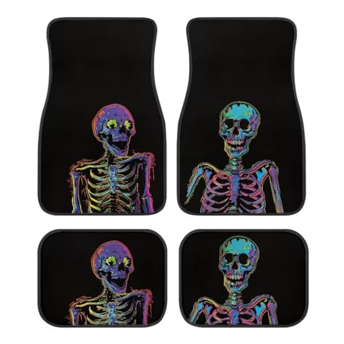 Cool Skeleton Print Skull Car Floor Mats Suitable for Cars SUVs Trucks,Front & Rear Automotive Floor Mats,4 Pieces