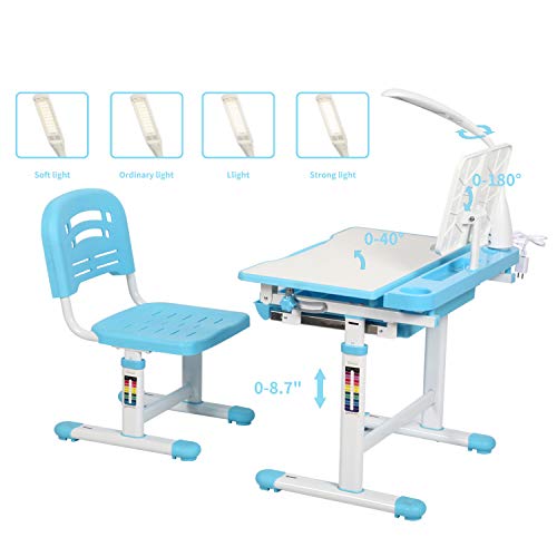 Diroan Kids Functional Desk And Chair Set, Height Adjustable Children School Study Desk With Tilt Desktop, Book Stand, Led Light, Metal Hook And Storage Drawer For Boys Girls Blue #TOP5