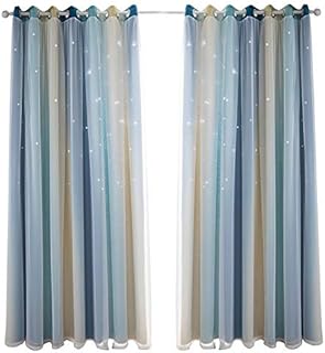 POHOVE Star Curtains for Girls Bedroom Kids Room Decor Light Blocking Voile Overlay Princess Star Hollowed Curtain Colorful Striped Layered Window 2-Layers Curtain