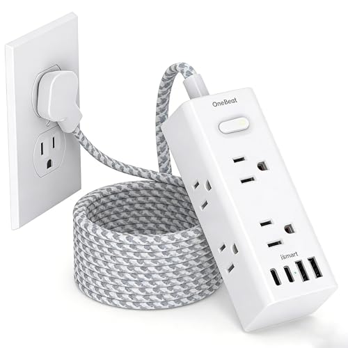 Image of Flat Plug Extension Cord 10Ft, One Beat Surge Protector Power Strip 10 Ft Cord with 6 Widely Outlets 4 USB Ports (2 USB C), 3 Way Wall Outlet Extender Extension Cord for Home Office College Dorm Room