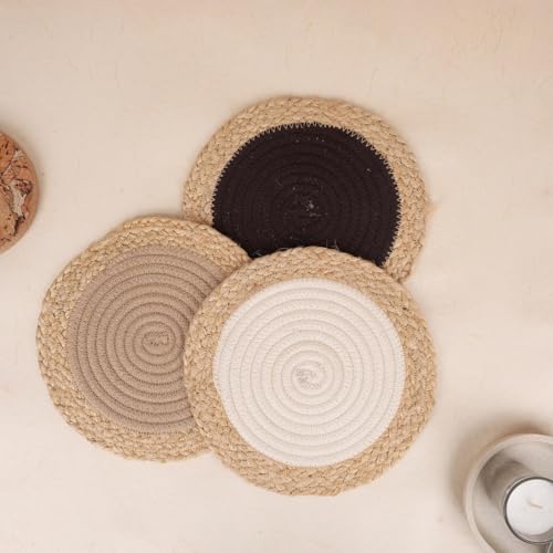 Image of DENOVA Cotton Rope Trivet for Hot Pots and Pans - Heat Resistant, Round Table Protector, Handcrafted (Pack of 3, Multicolor with Jute Edge)