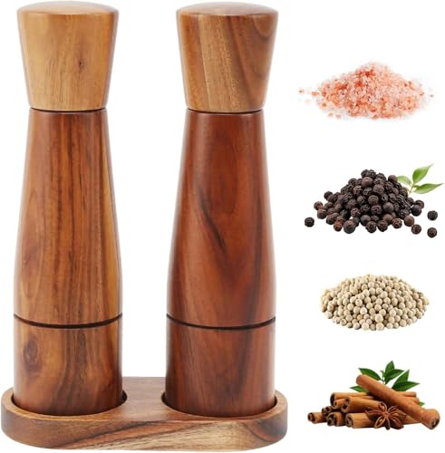 Juego de molinillos de sal y pimienta de madera con bandeja, juego de 2 molinillos manuales con grado de molienda ajustable, 20 cm de alto, núcleo de cerámica, juego de molinillos de especias para