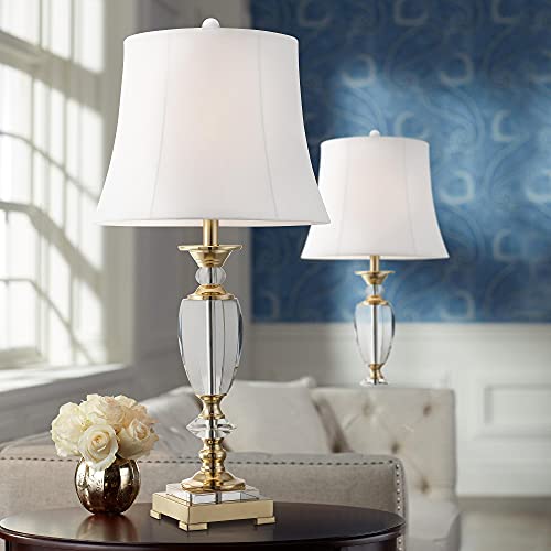 Vienna Full Spectrum Traditional Table Lamps 28 3/4" Tall Set Of 2 Brass Clear Faceted Crystal White Fabric Bell Shade Decor For Living Room Bedroom House Bedside Nightstand Home Office Family #TOP1
