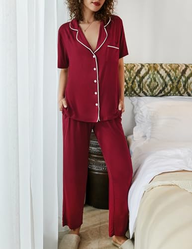 Image of Ekouaer 2 Pack:Womens Pajamas Short Sleeve Pjs Notch Collar Button Up Loungewear Cozy Sleepwear Sets