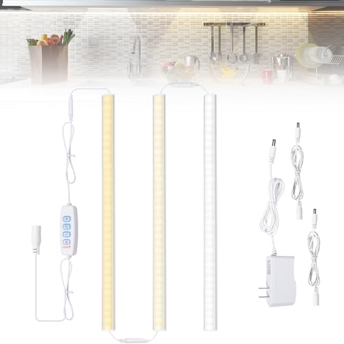 Image of JUSJUBR Under Cabinet Lighting Plug in, 3 Pcs 12 Inch 3 Color Temperature Under Counter Lights for Kitchen, Dimmable Led Under Cabinet Lights with Memory Function for Closet, Desk