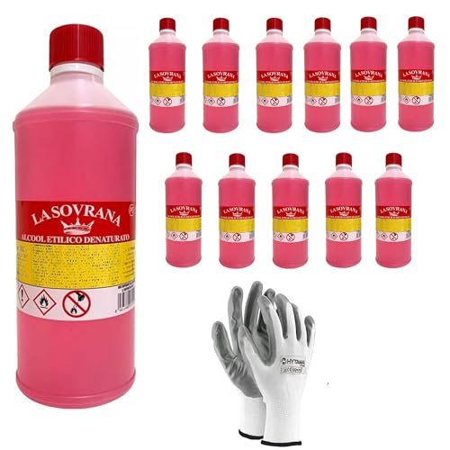 Alcool Denaturato 94° Etilico confezione da 12 x 1 lt, In omaggio un paio di Guanti in nitrile dorso spalmato marchio Hytama Tools