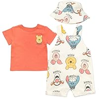 Disney Tigger Winnie the Pooh Baby French Terry Short Overalls T-Shirt and Hat 3 Piece Outfit Set Newborn to Infant, Pooh/Tigger/Piglet/Eeyore, Newborn