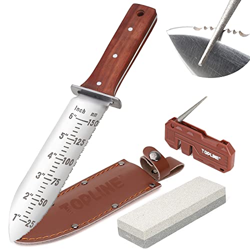 Topline Hori Hori Garden Knife, Double-Edge Stainless Steel Blade, Garden Knife With Leather Sheath For Digging, Weeding, Planting, Hori Hori Knife With Sharpener, Sharpening Stone Included #TOP10