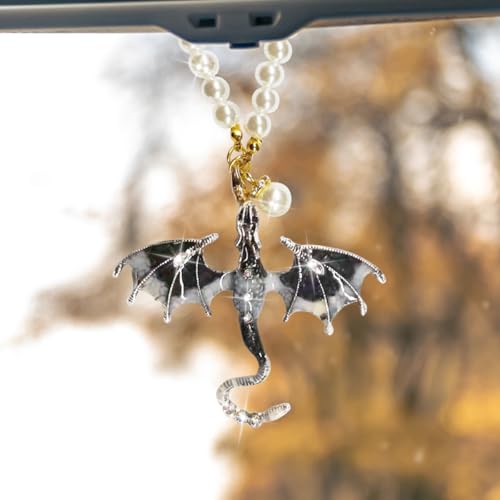 KPFILEH Bling Dragon Car Rear View Mirror Charm, Retro Dragons Automotive Hanging Pendant, Fantasy Rhinestone Pearls Vehicle Mirrors Ornament, Auto Interior Decoration Accessories (Blackwhite)