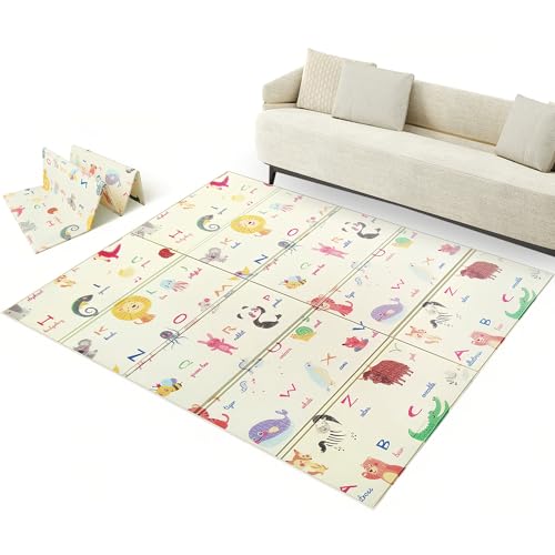 Hibtn Baby Play Mat Double Side, Foldable Activity Playmat, Kids Large Foam Anti-Slip Crawling Soft Blanket, Folding Waterproof Floor Carpet