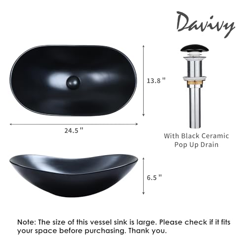 Davivy 24.5\'\' X 13.8\'\' Large Matte Black Oval Vessel Sink with Pop Up Drain,Boat Shape Bathroom Vessel Sink,Bathroom Sinks Above Counter,Matte Black Ceramic Vessel Sinks for Bathrooms (Large)