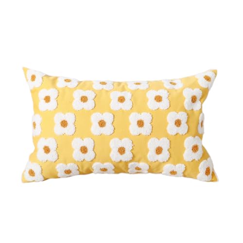 Yellow Home Decor Floral Loop Embroidery Lumbar Throw Pillow Cover 12x20 Inch Solid Color Canvas Backside, Durable Boho Soft Cushion Cover 30x50cm, 1 Piece