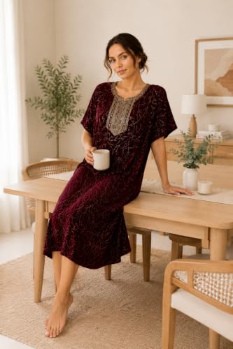 Image of Pure Cotton Hand Embroidery Nighty for Woman | Floral Gown for Women Nightwear Nighty for Women Stylish Maxi for Women Cotton - Free Size Maroon