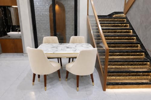 Image of WOODEN SPACE 4 Seater Wooden Dining Table Set | Urban Marble Top Dining Table with Chairs for Dining Room & Kitchen (Modern Frontline Beige) (54 x 36 x 30 inch)
