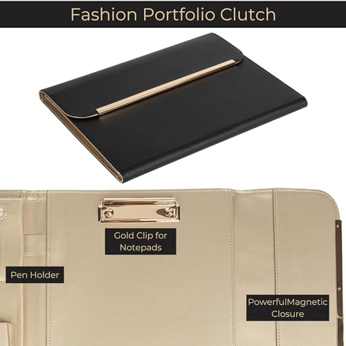 BLU MONACO | Black Vegan Leather Portfolio Binder for Women | Professional Padfolio with Magnetic Closure & Gold Trim | Business Organizer Case for Documents & 8.5 x 11 Notepad