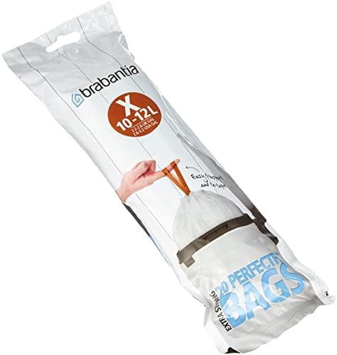 Brabantia IdealFit Bin Liners (Size X/10-12 Litre) Ideal Quality Thick Plastic Trash Bags with Tie Tape Drawstring Handles (20 Bags), White