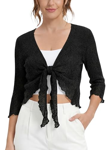 Love My Fashions Womens Fish Net Knitted Tie Up Bolero Shrug Top Ladies 3/4 Sleeve One Size Fits All Black