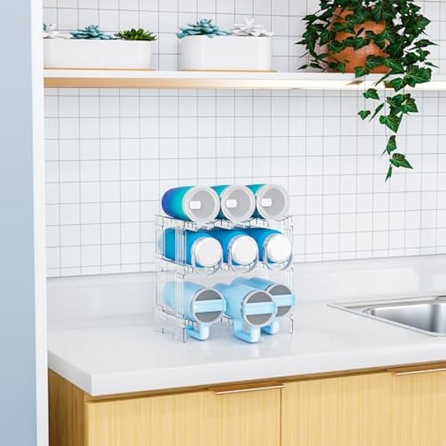 Larger Compartment Stackable Water Bottle Organizer for 40 oz Stanley Cup,Yeti and Other Tumbler Organizer,3 Tier Stanley Cup Holder and Water Bottle Storage Rack for Kitchen Cabinets,Countertop