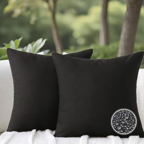 WHATWEARS Outdoor Throw Pillows with Inserts Waterproof Pillows for Outdoor Seating Square Decorative Garden Cushion for Patio Furniture Bed Couch Sofa(Black 18 x 18 (Pack of 2))