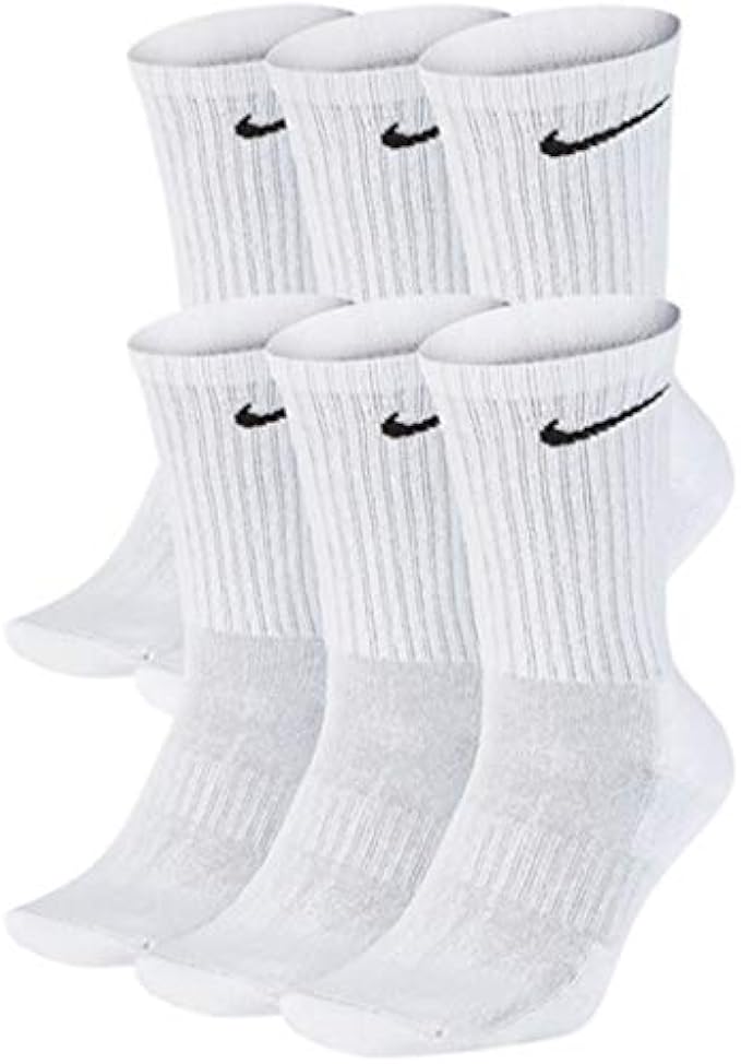 NIKE Dri-Fit Training Cotton Cushioned Crew Socks 6 PAIR White with Black Signature Swoosh Logo) LARGE 8-12