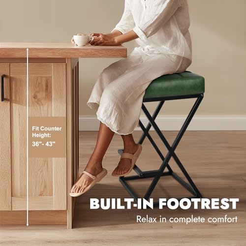 Image of Bar Stools Set of 3, 26 Inch Counter Height Stool Faux Leather Green | Backless Counter Stools with X-Frame Metal Legs, 3.3 inch Upholstered Seat, Mid-Century Modern, for Kitchen Island, Home Bar