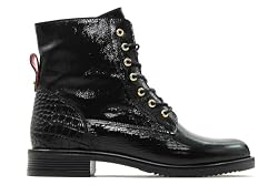 Casual - Botas estilo militar con cierre de cremallera y cordones,tacón,brillo,charol,piel,cocodrilo,sencilla para: Mujer color: NEGRO talla:38