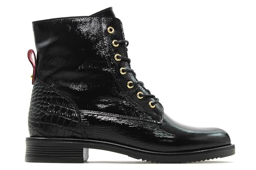 Casual - Botas estilo militar con cierre de cremallera y cordones,tacón,brillo,charol,piel,cocodrilo,sencilla para: Mujer color: NEGRO talla:38