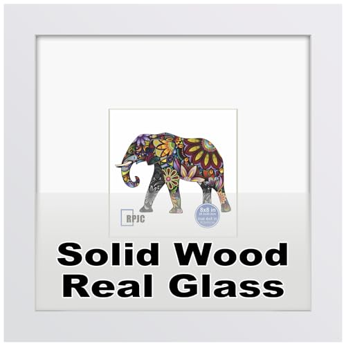 RPJC 8x8 (4x4 with Mat) Solid Wood Picture Frame Real Glass Cover White
