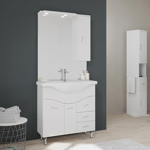 Kiamami Valentina - mobile bagno 85 cm a terra con lavabo specchio e pensile bianco
