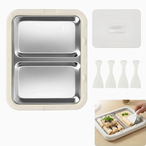 Rolled Ice Cream Maker Kit with Lid, Dual Compartment Stainless Steel Tray with Scrapers, DIY Homemade Ice Cream Roll Pan for Creative Homemade Desserts (White B)