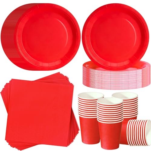 ZblPyro Rojo vajilla cumpleaños para 40 invitados con platos carton redondos 18cm, vasos de papel y servilletas. Ideal para San Valentín y aniversarios.