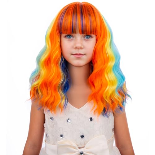 Image of PATTNIUM Kids Colorful Wig with Bangs Short Girls Multi Color Wavy Curly Wig Rainbow Bob Wigs Synthetic Halloween Costume Wigs