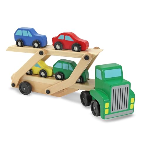 Melissa & Doug - Autotransporter aus Holz - Spielset bestehend aus 1 LKW und 4 Spielzeugautos aus Holz, für Kinder ab 3 Jahren