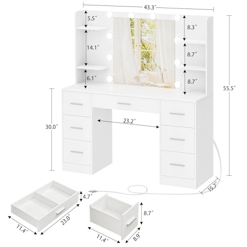 Large Makeup Vanity Desk Set with Mirror and Lights for Bedroom - White