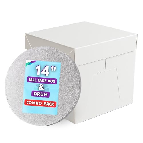 Pack N Trade Tall White Cake Box 14 Inch with 13mm Round Silver Drum Durable 14×14×14 Cake Box & Drum Combo Ideal for Birthday & Wedding Cakes Cake Decorators & Home Bakers